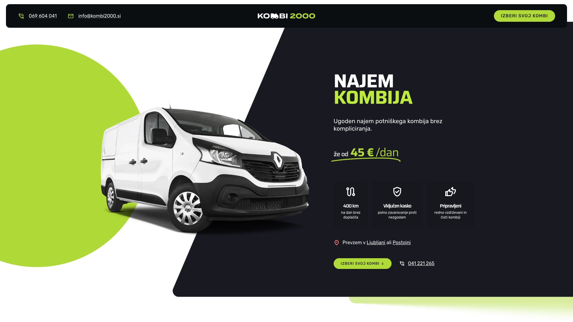 Screenshot of the Kombi2000 website (WordPress and Elementor).